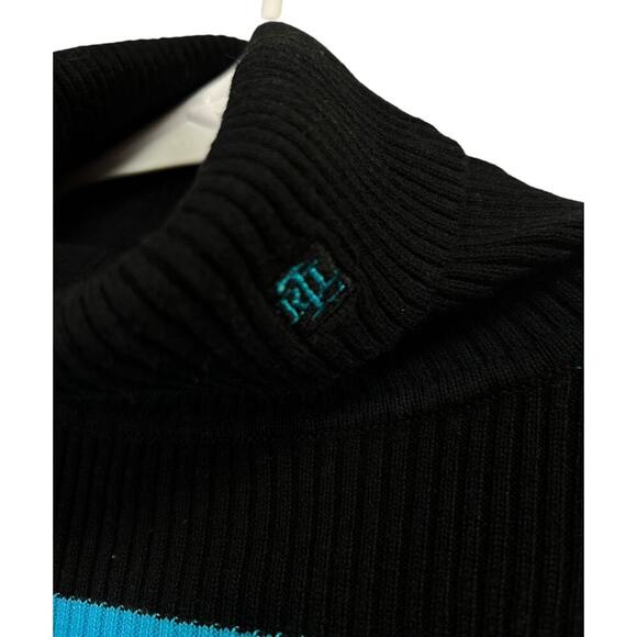 Lauren Ralph Lauren Black Turquoise Blue Striped Rib Turtleneck Sweater Medium - Picture 3 of 5